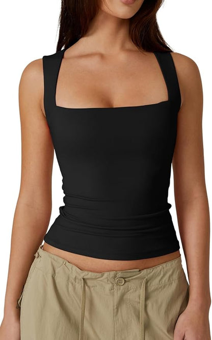 Women's Square Neck Sleeveless Double-Layer Tank Top