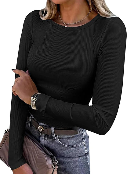 Women Long Sleeve Shirts Rib Knit Slim Fit Top