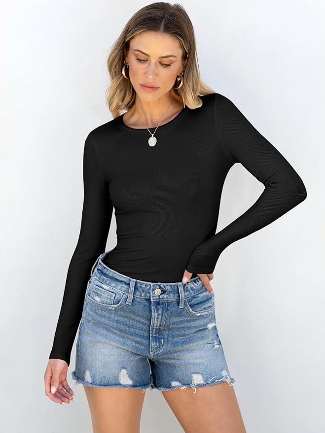 Women Long Sleeve Shirts Rib Knit Slim Fit Top